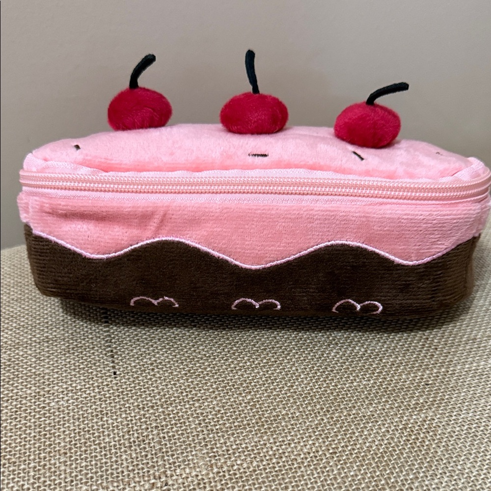 🍒 Plush Pink & Brown Cherry Pencil Case - Cute Dessert Accessory Cosmetic bag